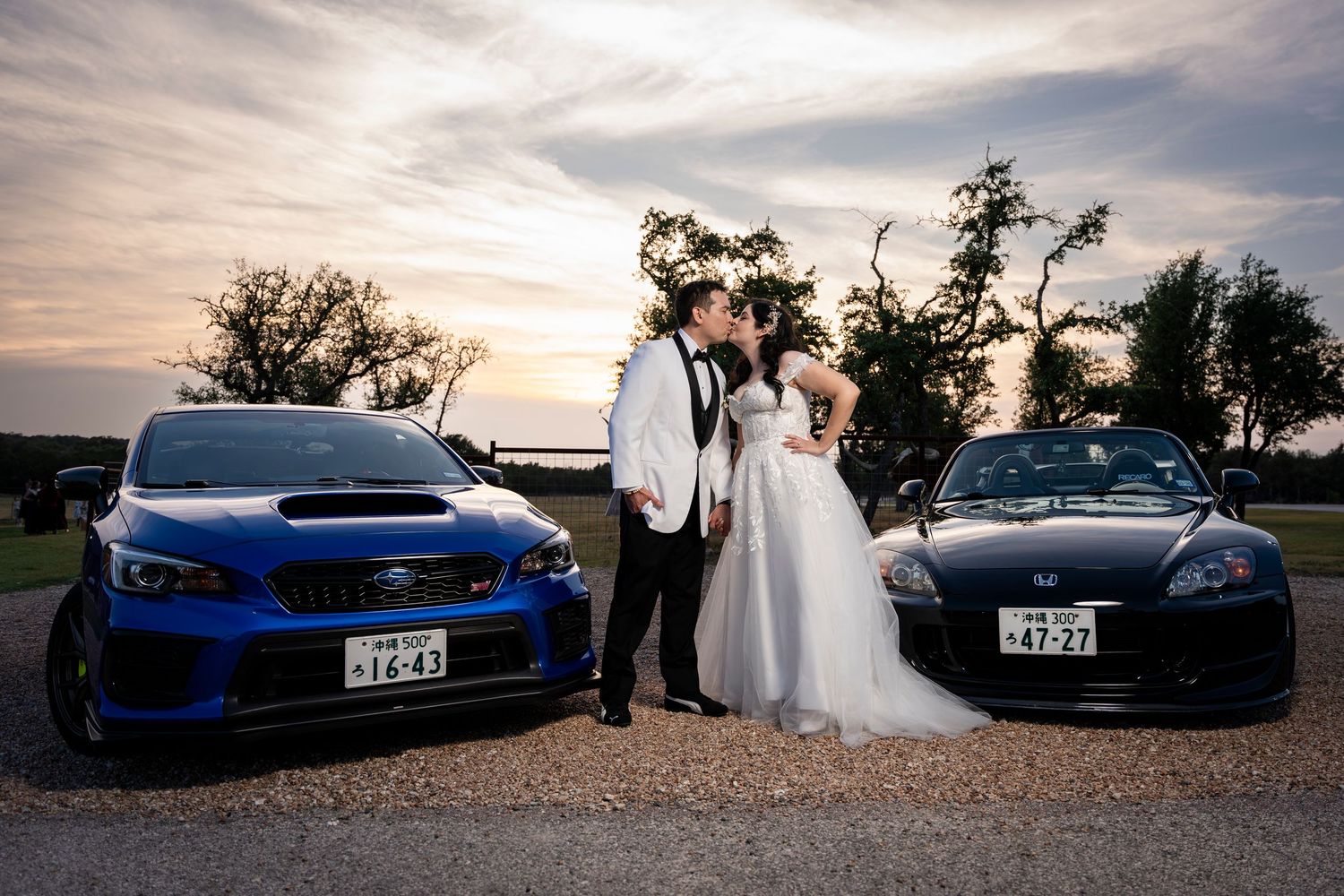 A series of sunset wedding photos featuring Subaru WRX STI sports cars parked against dramatic cloudy skies.
