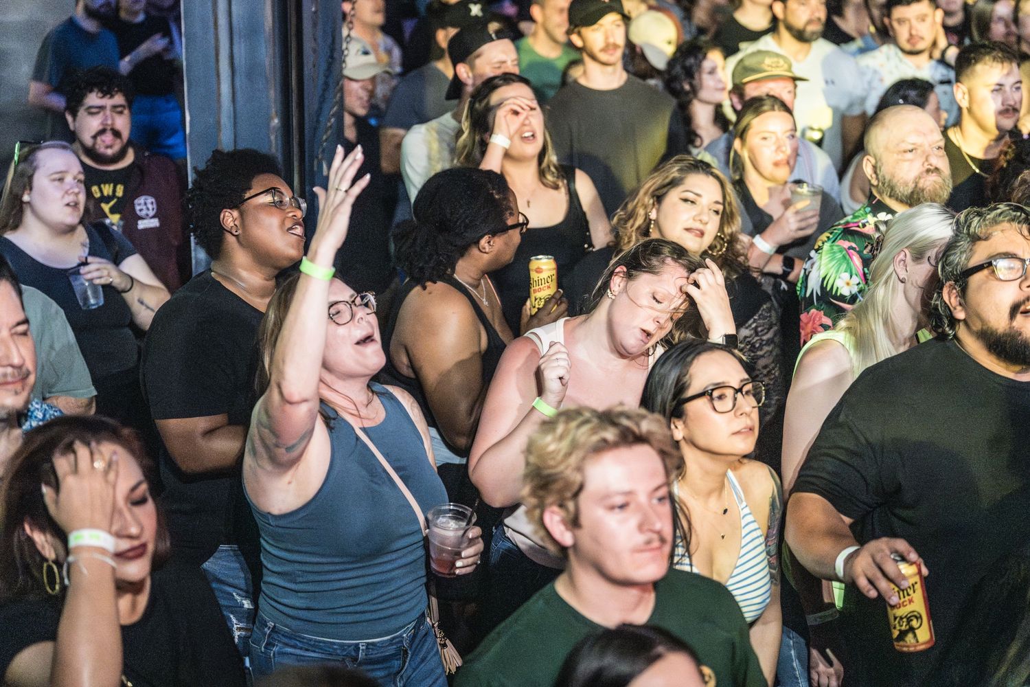 An energetic crowd of concertgoers singing along and cheering at a live music event.
