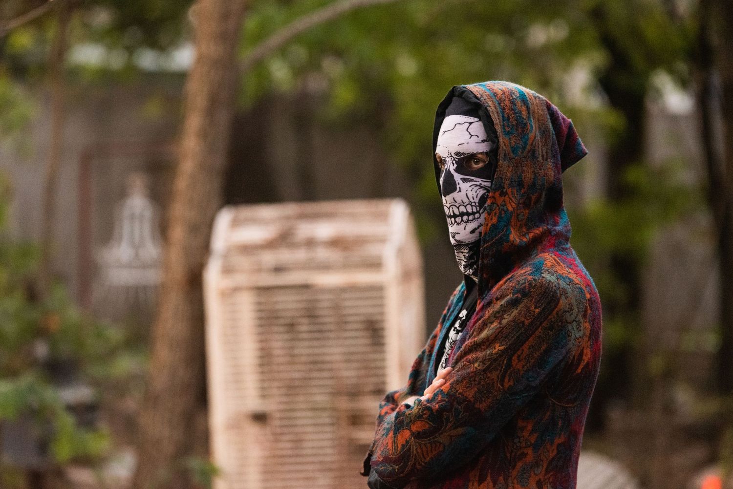 A figure wearing a skull mask and hooded jacket stands in a wooded outdoor setting.