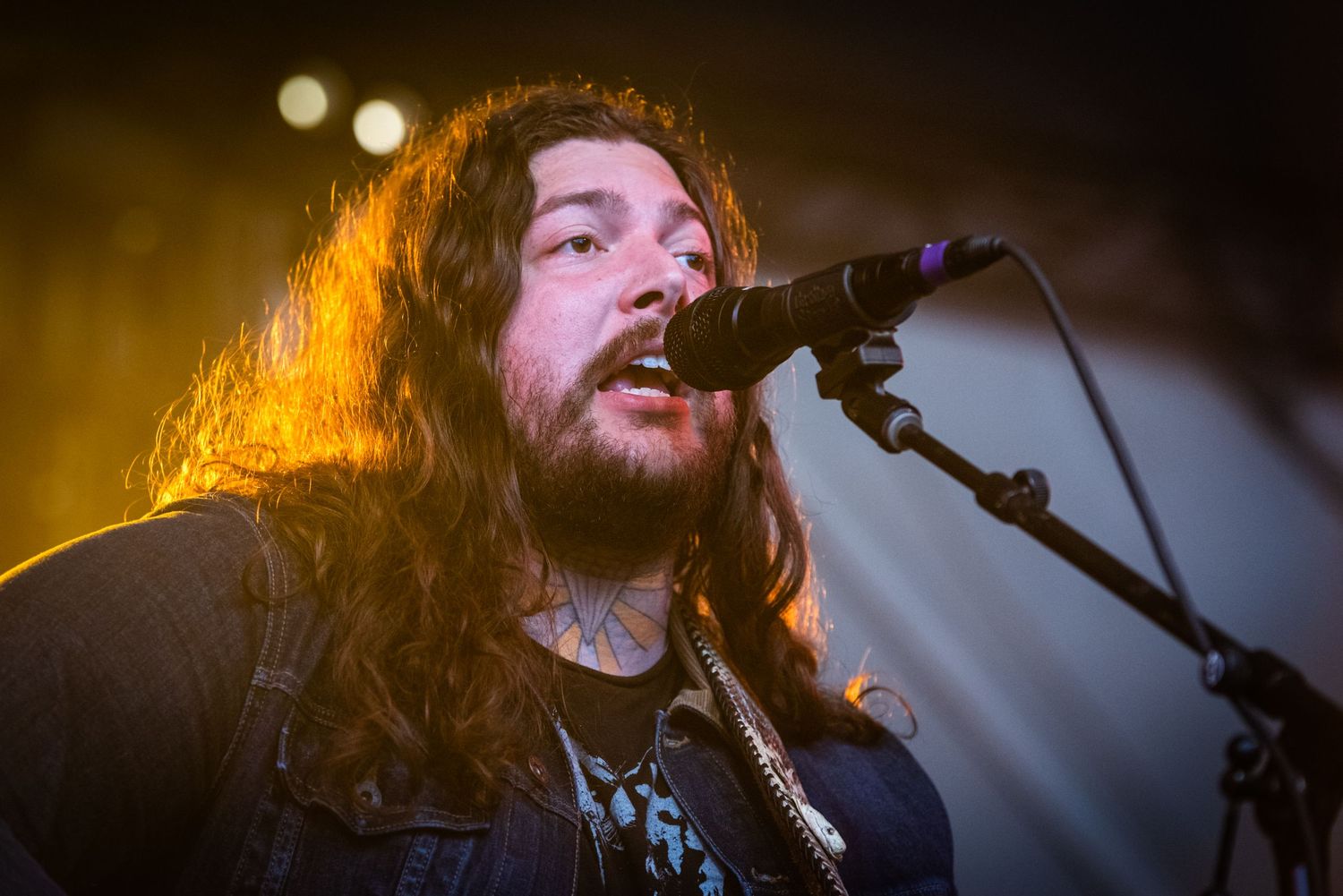 Close-up of bearded musician singing passionately while performing with acoustic guitar under stage lights.