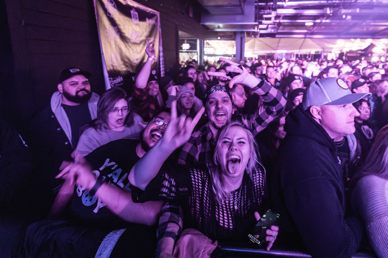 Energetic crowd of fans cheering and reaching toward stage at rock concert.