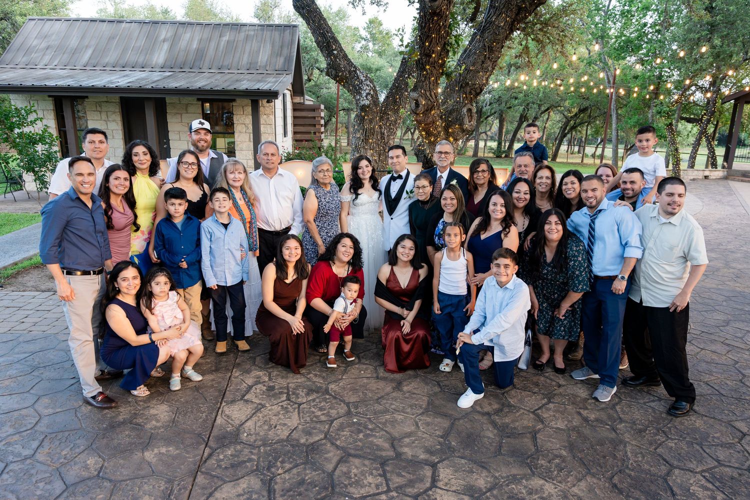 A collection of group photos taken outdoors shows people gathered together in casual attire.