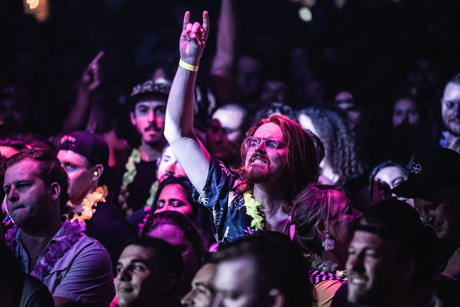 Concert audience member raises rock hand gesture among crowd under purple lighting.