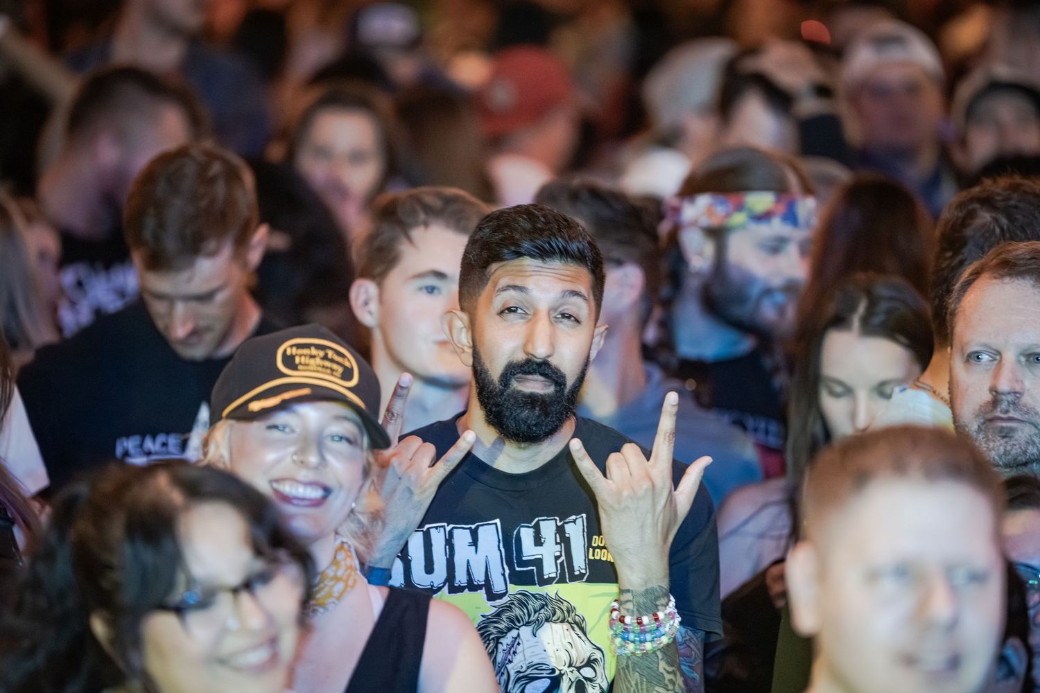 Crowd of concert-goers at a Sum 41 show, with a bearded man making rock hand gestures in the foreground.