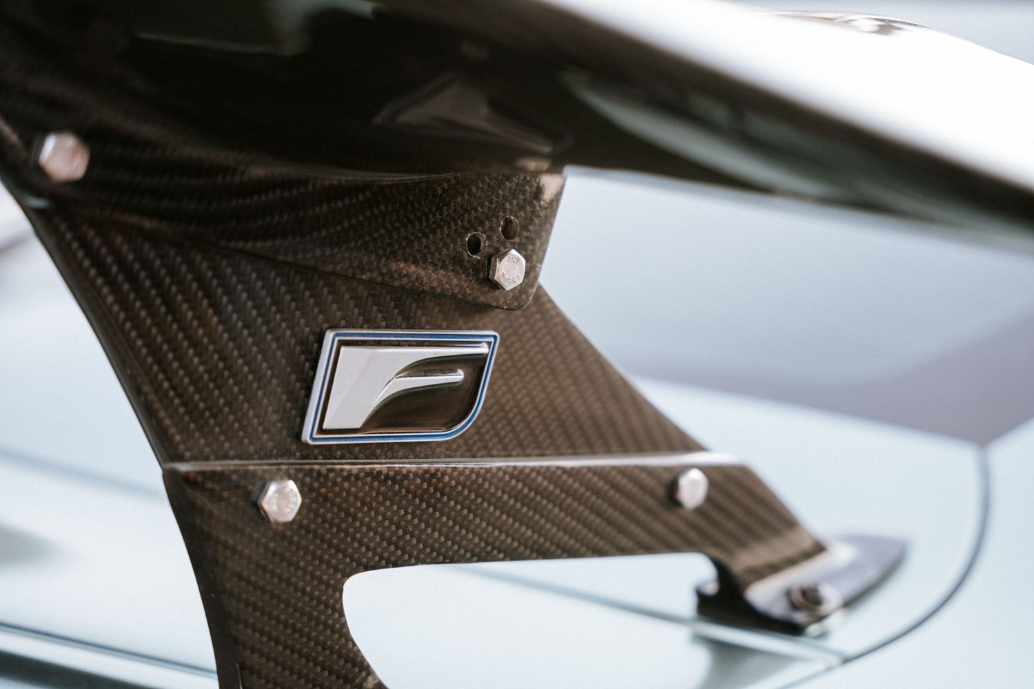 Carbon fiber Lexus F badge detail on performance vehicle.