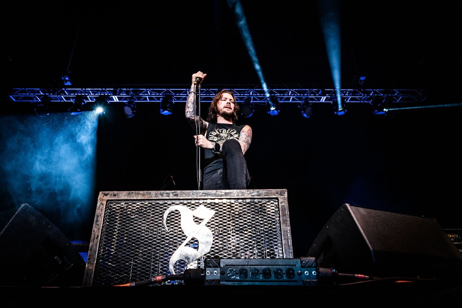 A performer stands triumphantly on stage with raised arms against blue stage lights.