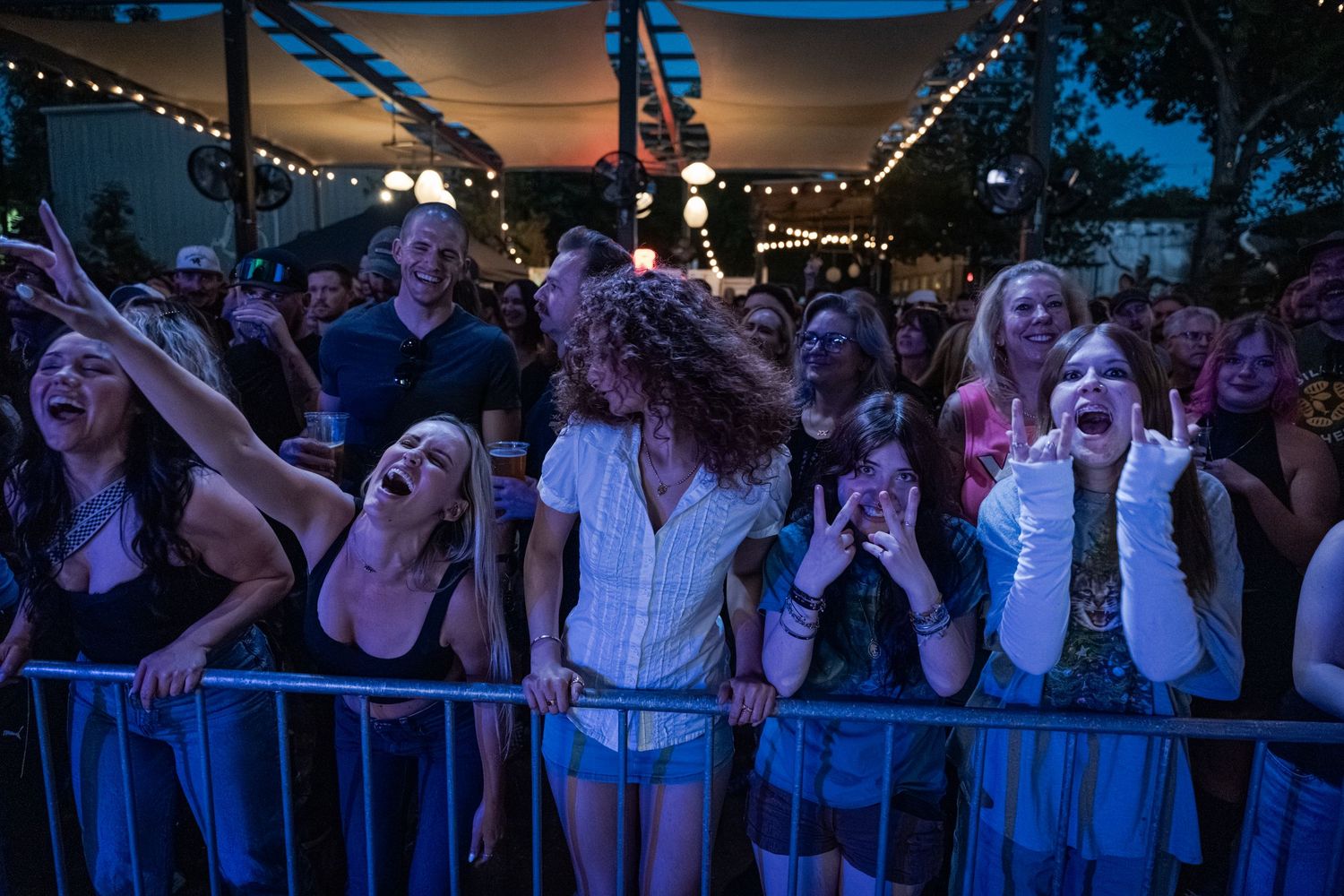 Excited crowd of fans cheering at an outdoor concert festival at night, with string lights overhead.