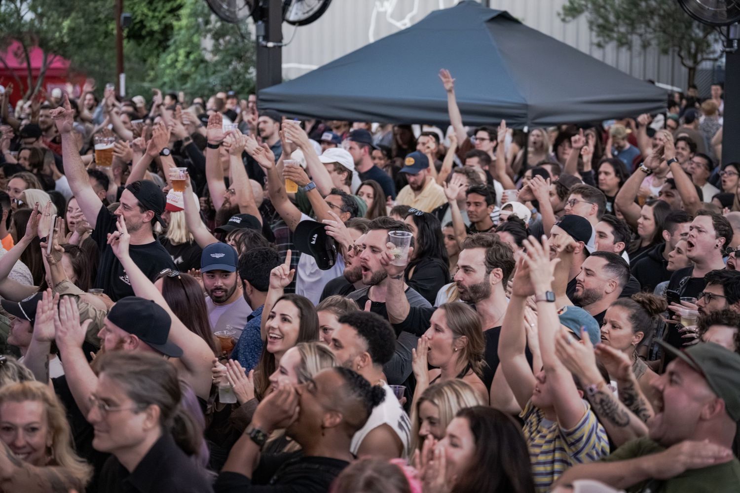 Large crowd of excited concert-goers with raised hands at an outdoor music festival event.