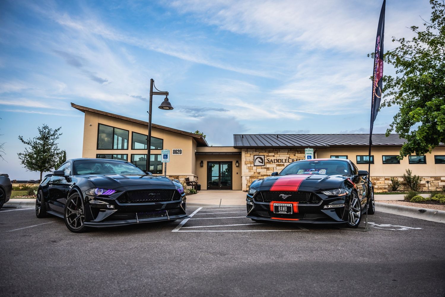 Two black Ford Mustangs with racing stripes parked in front of a modern building.