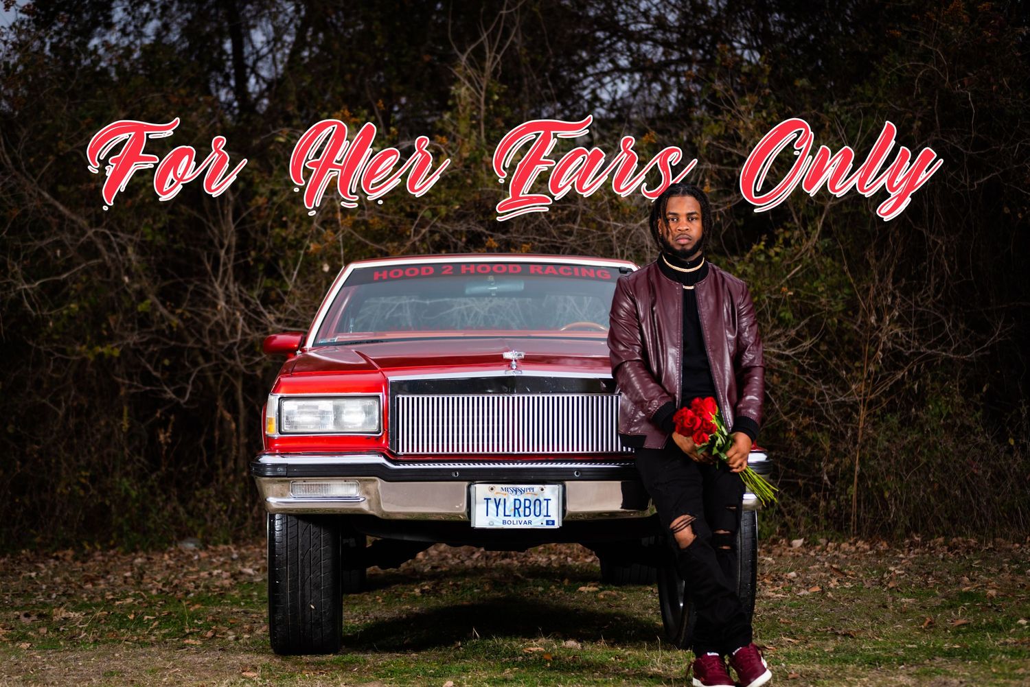Stylized photo with pink neon text 'For Her Eyes Only' above classic red car.