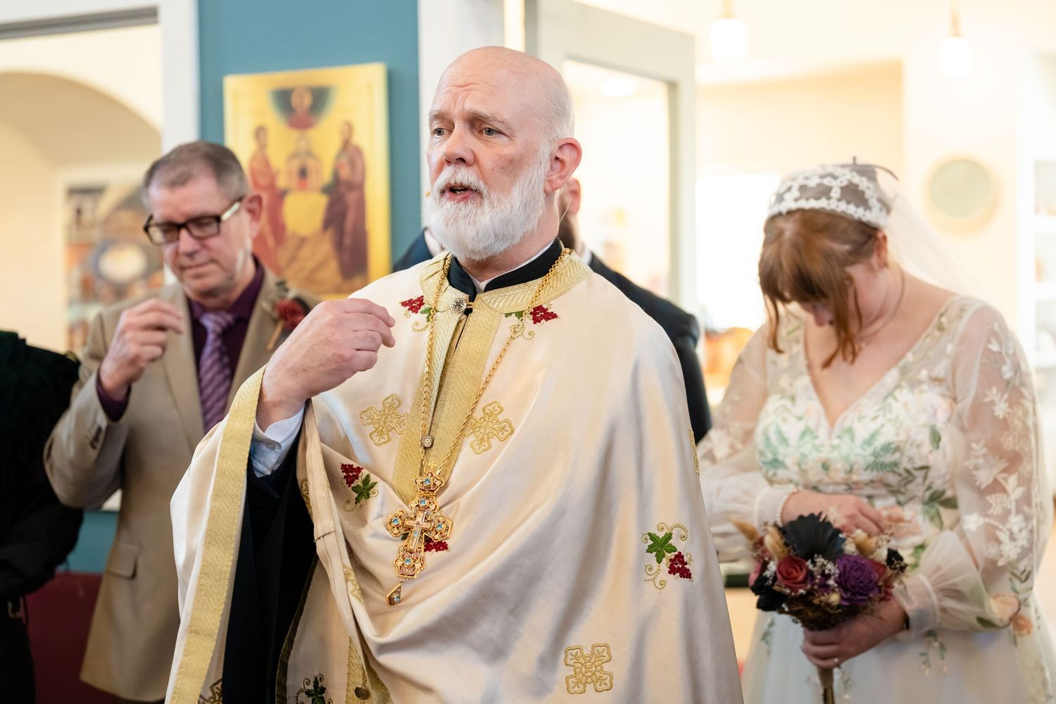 A collection of religious ceremony photos showing priests in traditional vestments performing liturgical services.