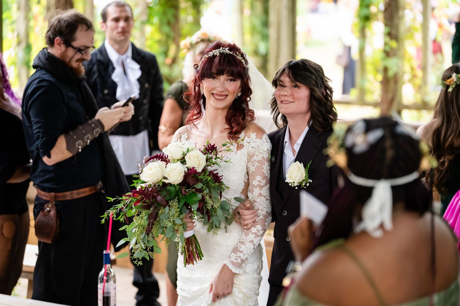 A series of wedding celebration moments showing dancing, embraces and joyful interactions at an outdoor reception.