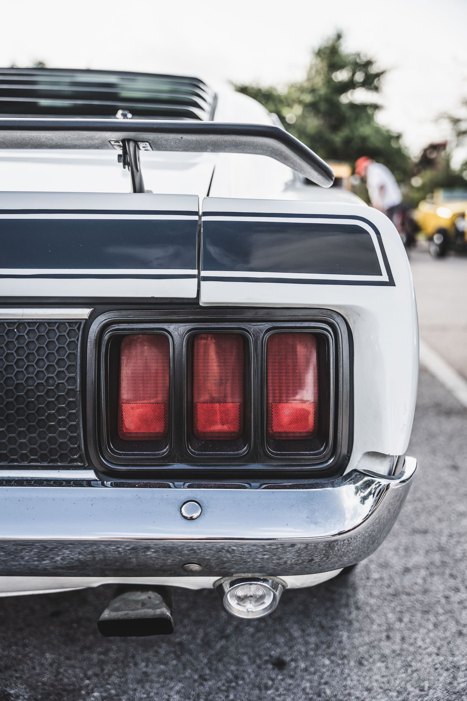 Rear view of classic Mustang showing triple tail lights and chrome bumper.