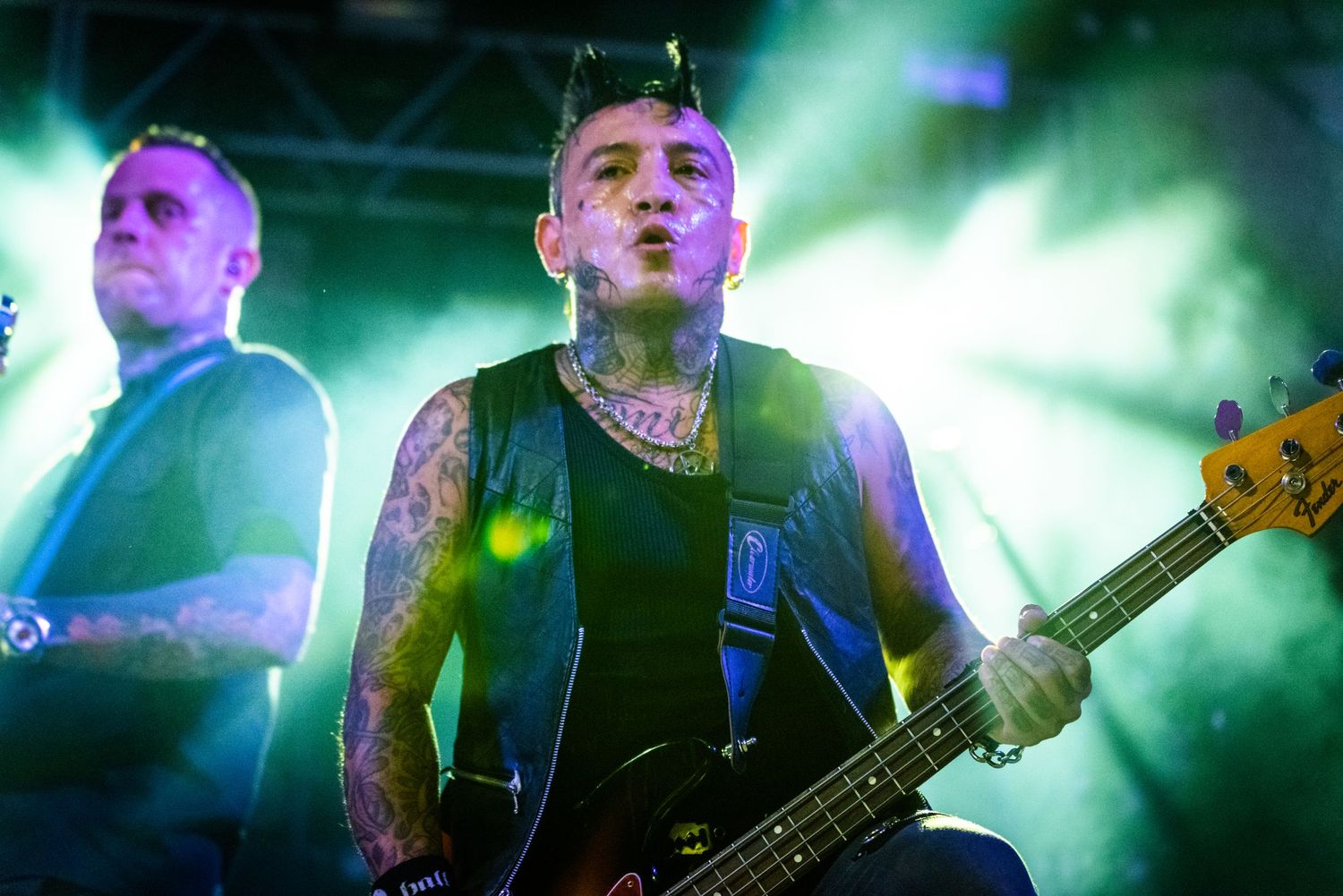 Punk rock bassist performs under green stage lighting with tattoos visible in dramatic concert shot.