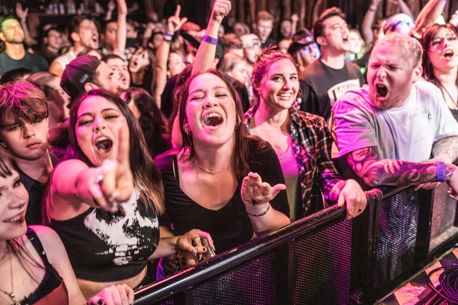 Excited concert crowd cheering at a live music show bathed in pink lighting.