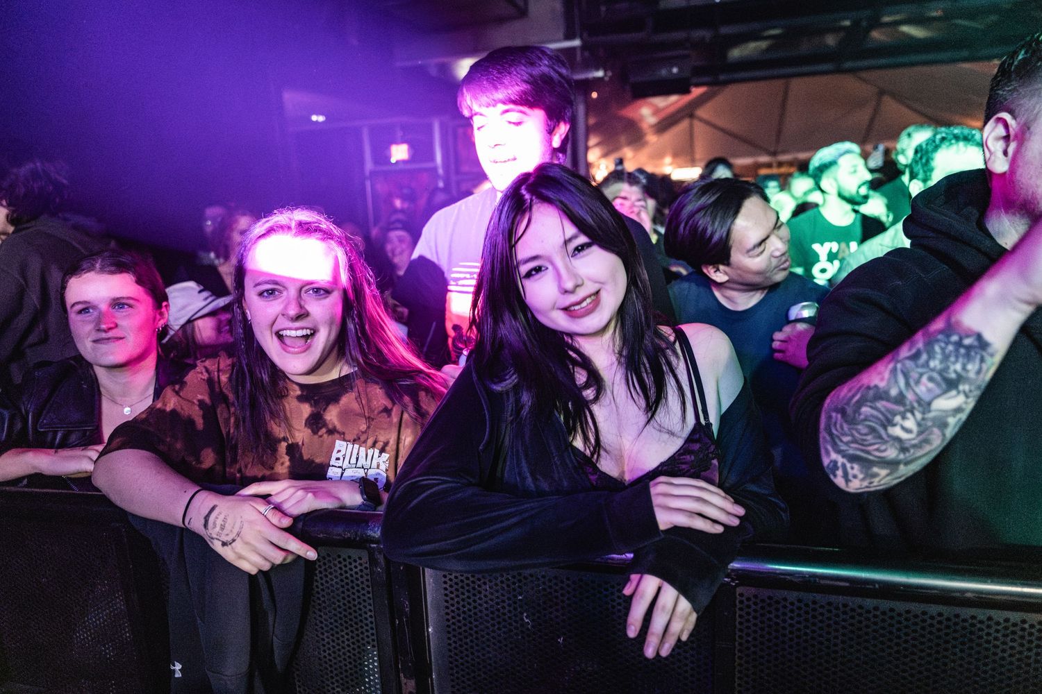 Excited concert crowd enjoying live music performance with colorful purple and green stage lighting.