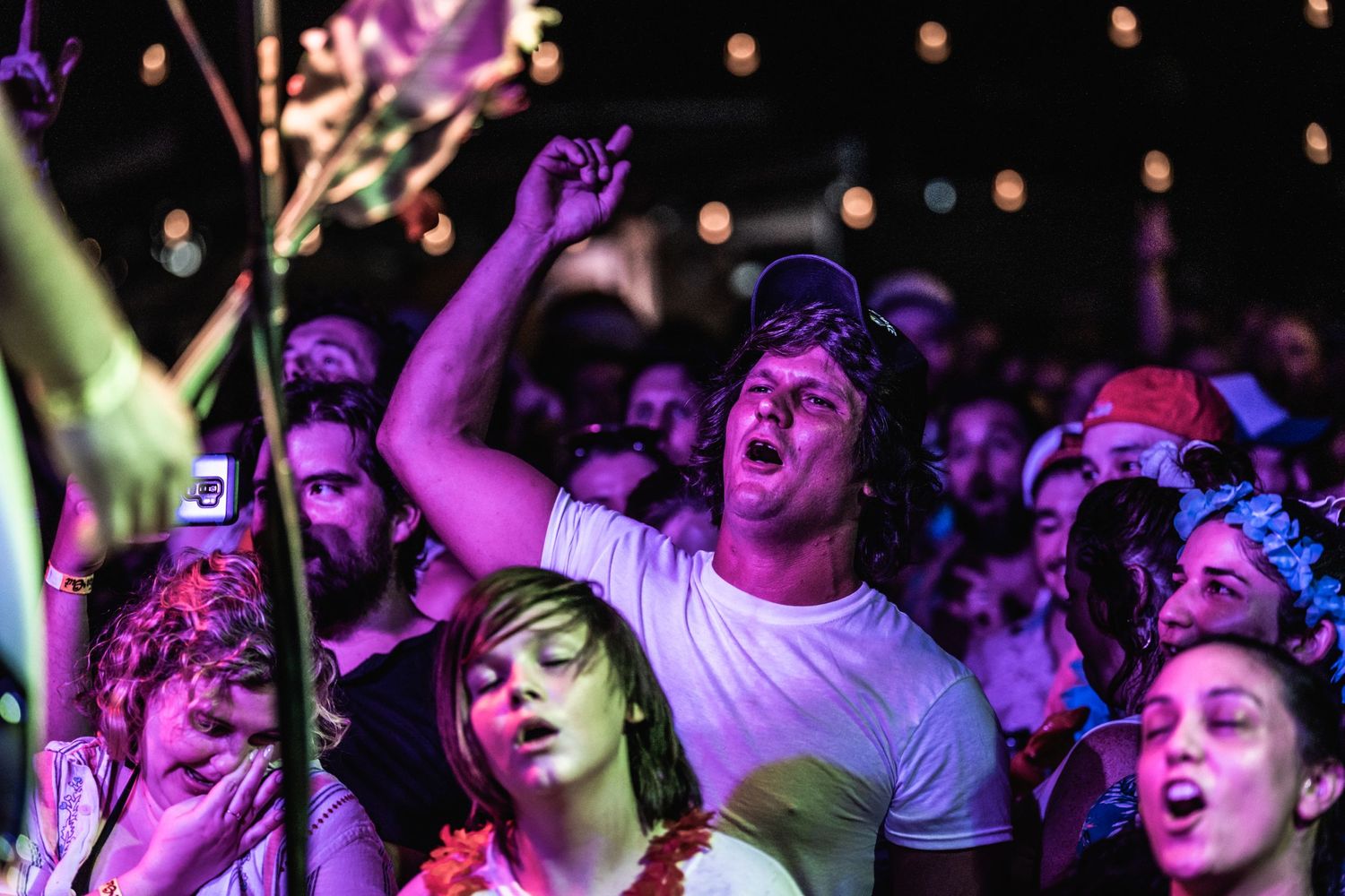 Concert crowd enjoying music with colorful purple lighting effects.