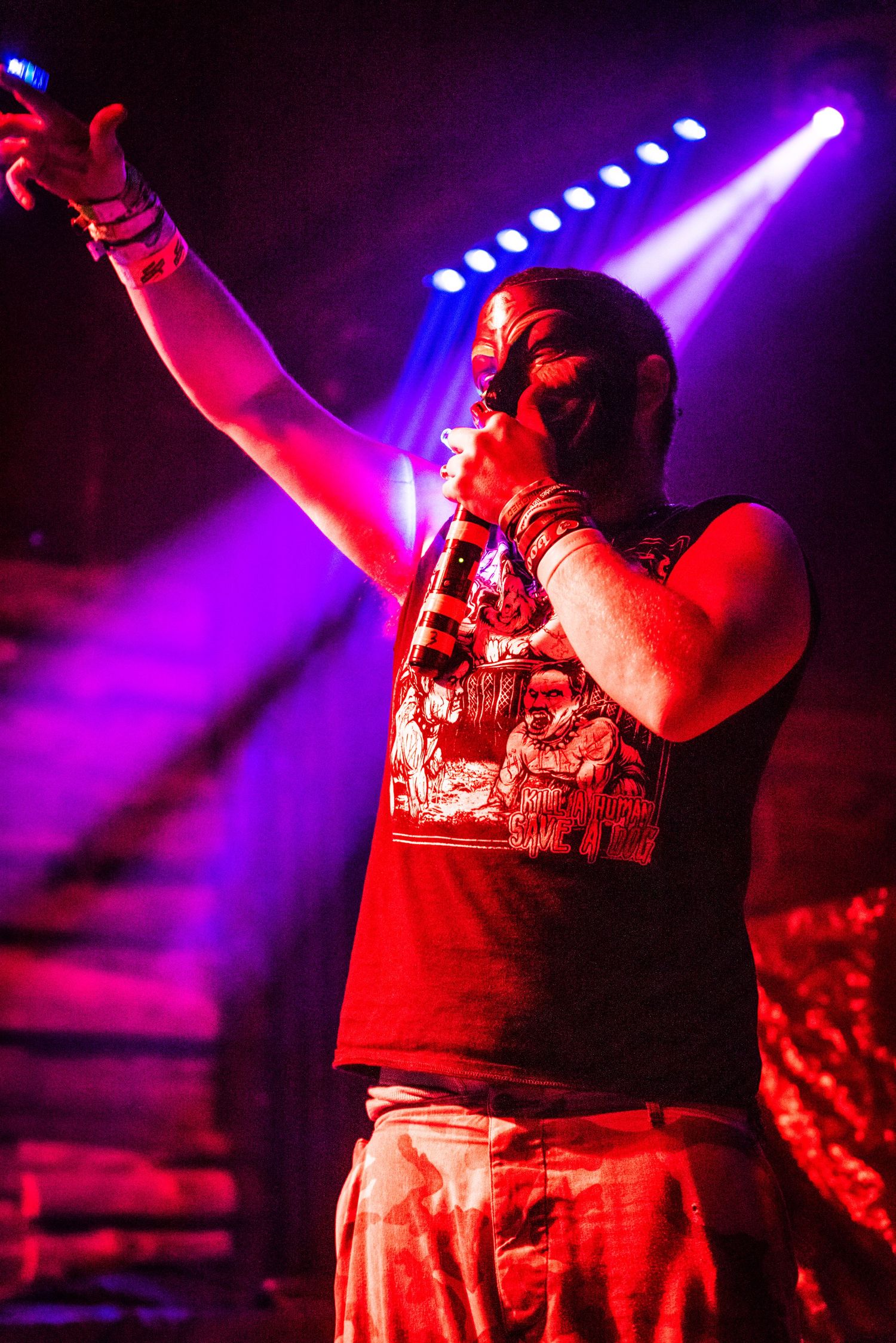 Performer illuminated by purple stage lights raises arm high during concert performance.