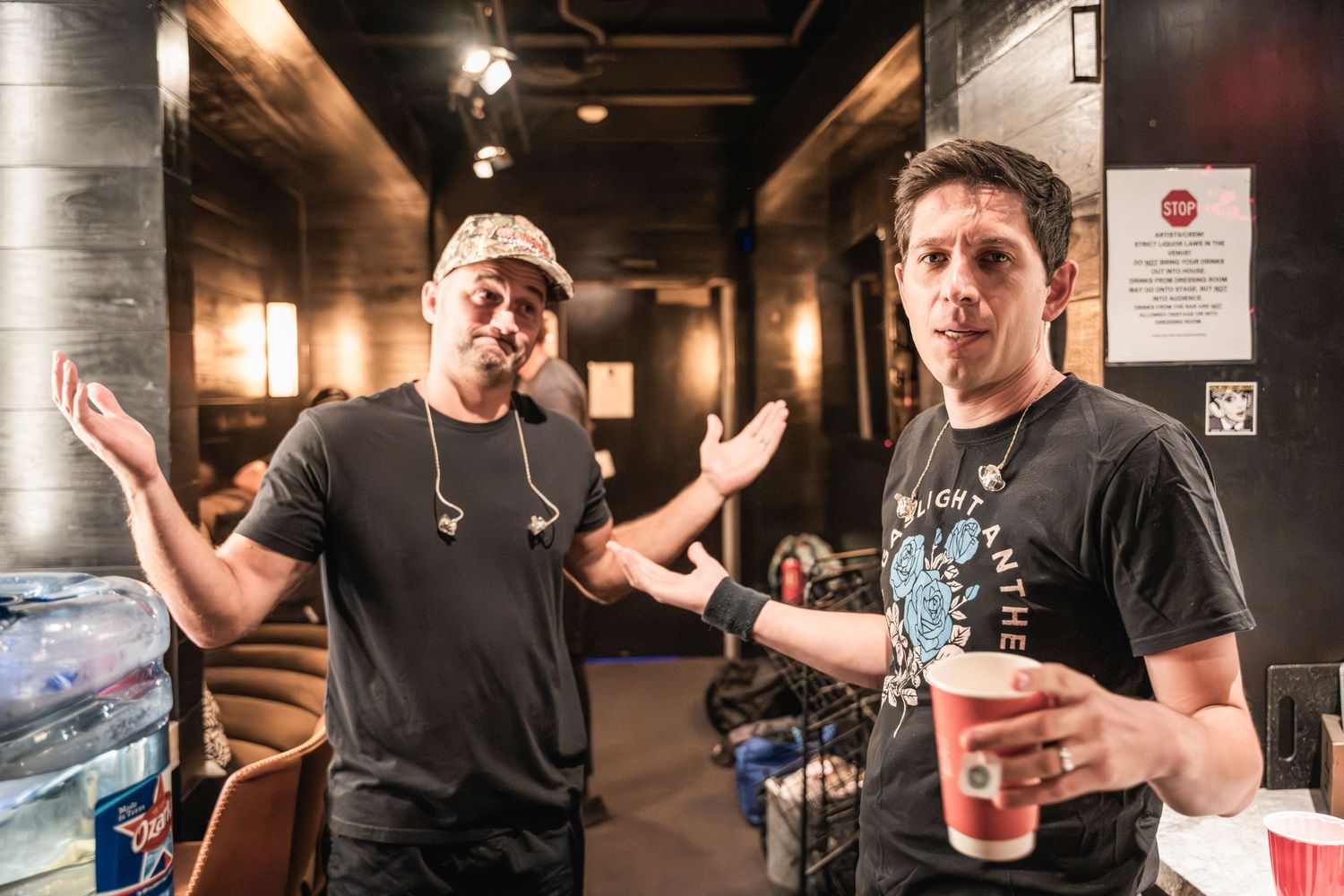 A sequence of photos showing people gesturing and holding drinks in a dimly lit bar or venue setting.