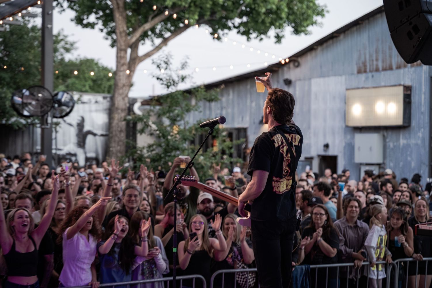 Performer on stage facing an enthusiastic crowd at an outdoor concert venue at dusk.