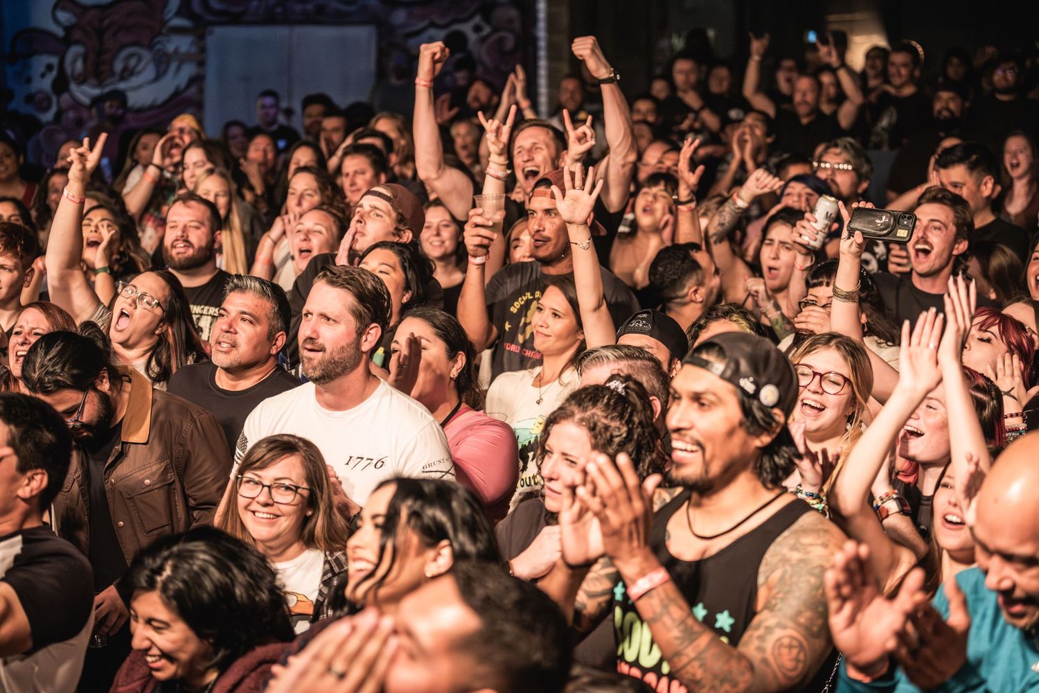 Large crowd with raised hands enjoying live concert performance with dramatic lighting.