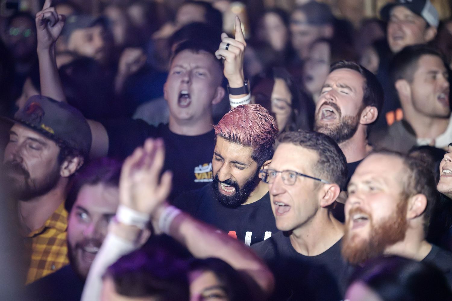 Enthusiastic crowd singing along at a rock concert with dramatic lighting effects.