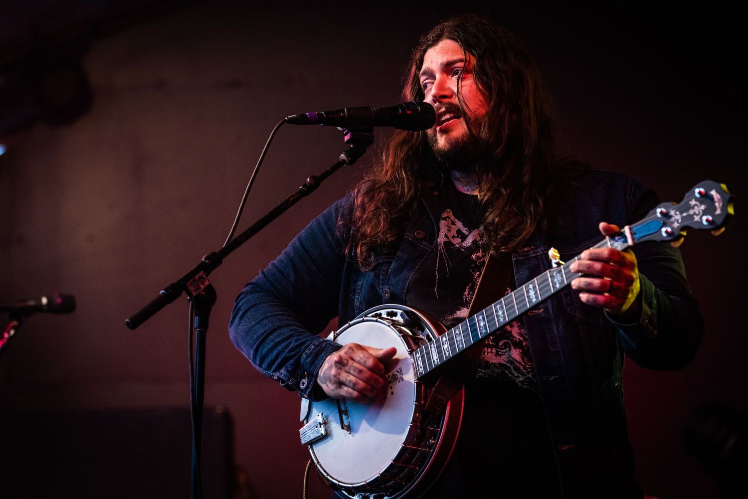 Performer plays banjo and sings into microphone during dimly lit concert performance.