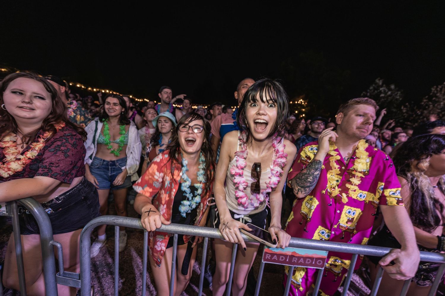 Concert crowd wearing colorful Hawaiian leis and festival attire cheer excitedly behind a security barrier at night.