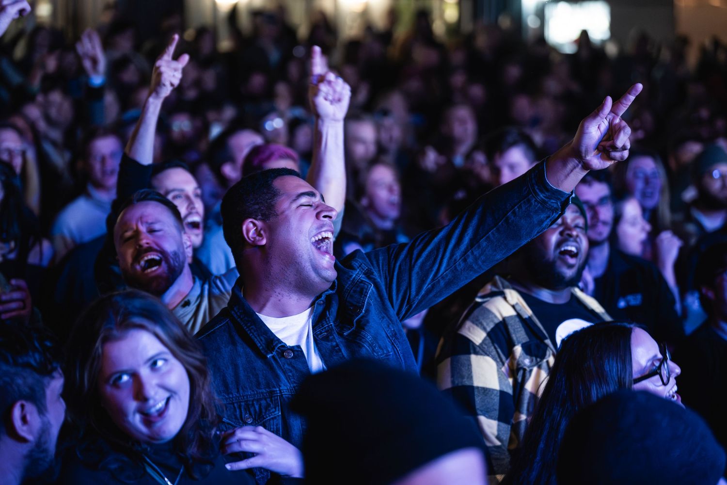 Energetic crowd reacting with raised arms during concert performance.