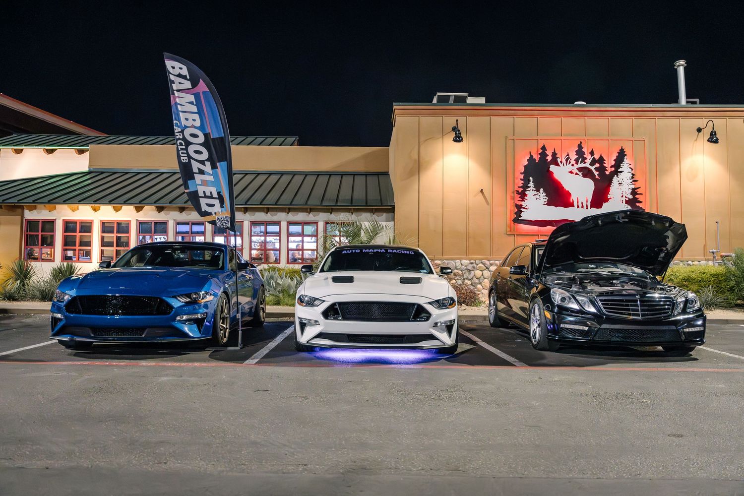 Three modern Mustangs parked in front of an outdoor movie screen at night.