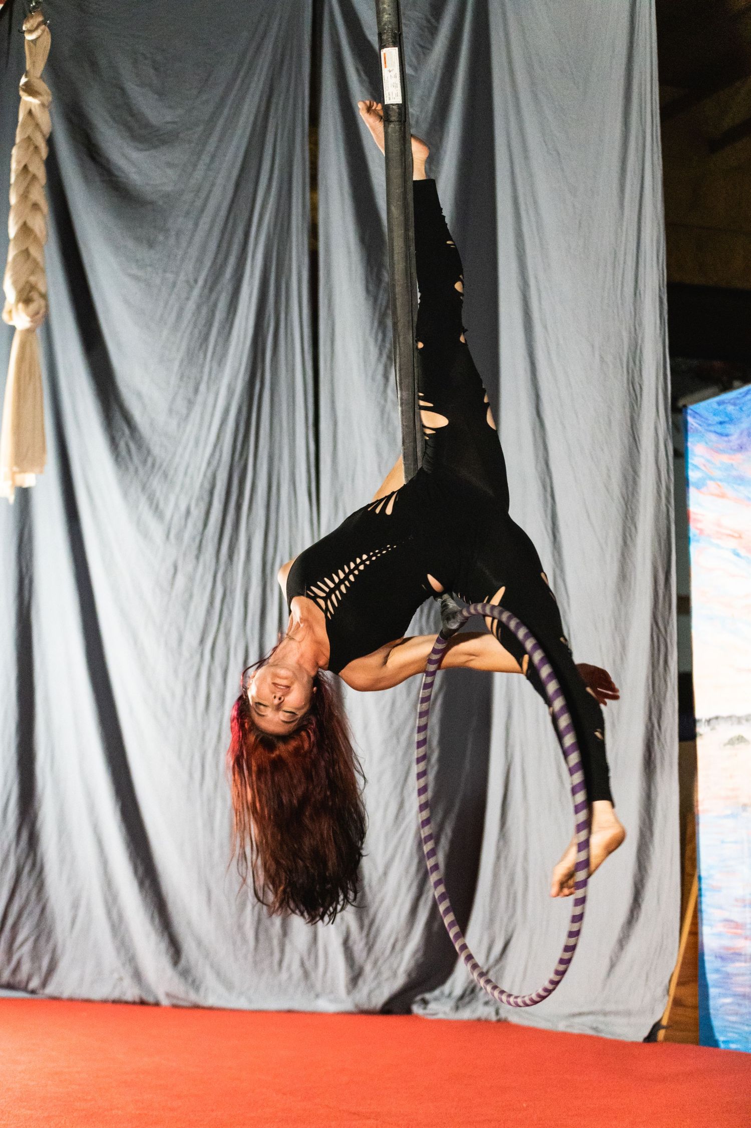 An aerial artist performs a dramatic pose on lyra hoop against grey backdrop.