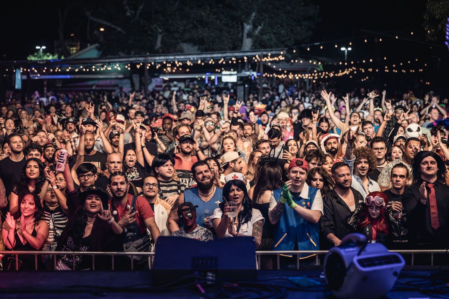 Large crowd of concert-goers with raised hands at an outdoor nighttime music festival.