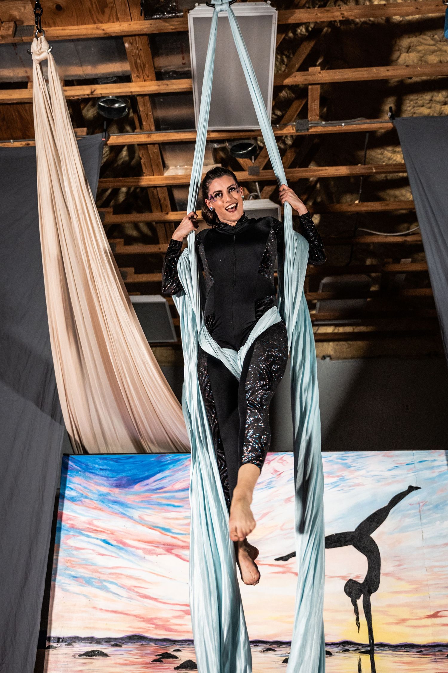 An aerial silk performer wearing black performs acrobatic moves against a sunset backdrop.