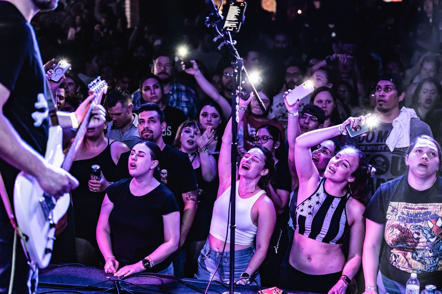 Energetic crowd at a rock concert with purple lighting and enthusiastic fans in the front row.