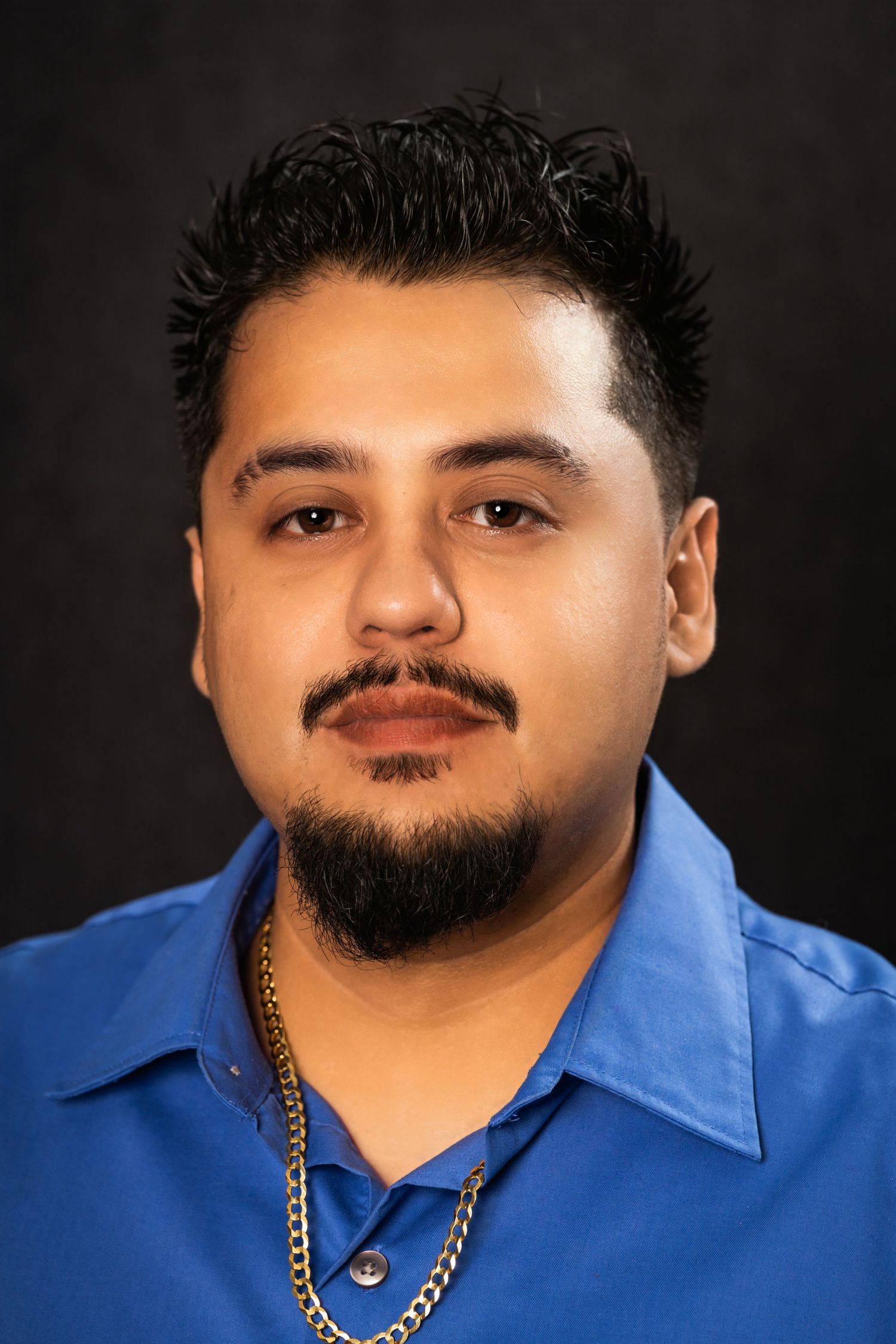 Professional headshot of a person wearing a blue collared shirt and chain necklace.