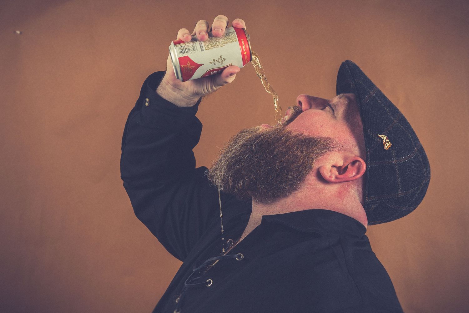 A series of photos showing someone drinking from a bottle while leaning backwards against a brown background.