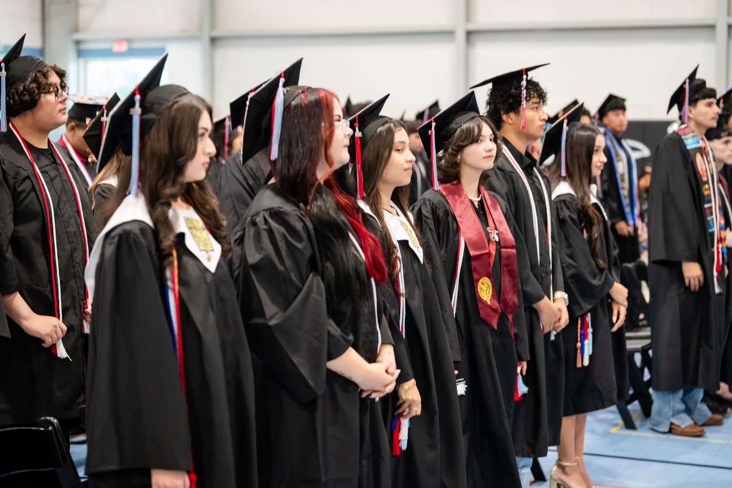 College graduates in black caps and gowns stand proudly during a graduation ceremony commencement event.
