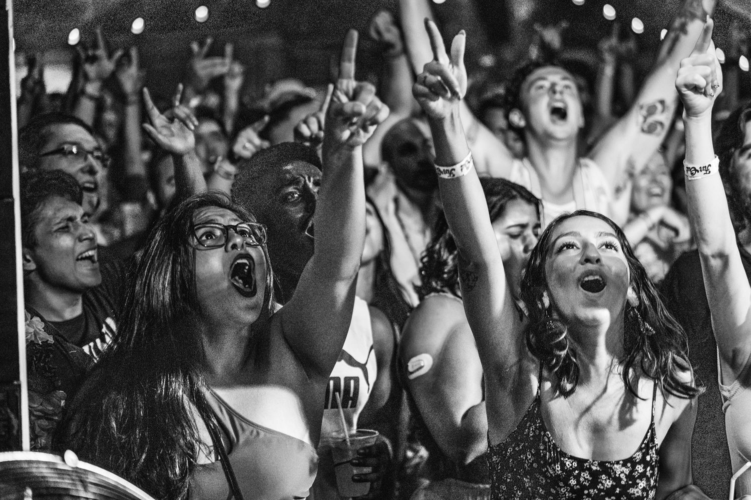Enthusiastic concert crowd cheering and raising hands at a music festival in black and white.