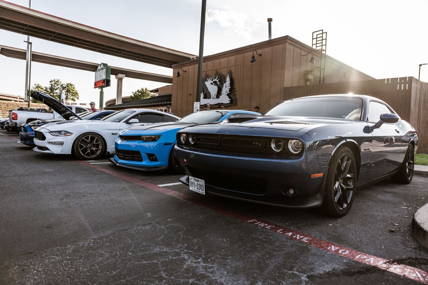 Three muscle cars including Dodge Challenger and Mustang lined up in a parking lot.