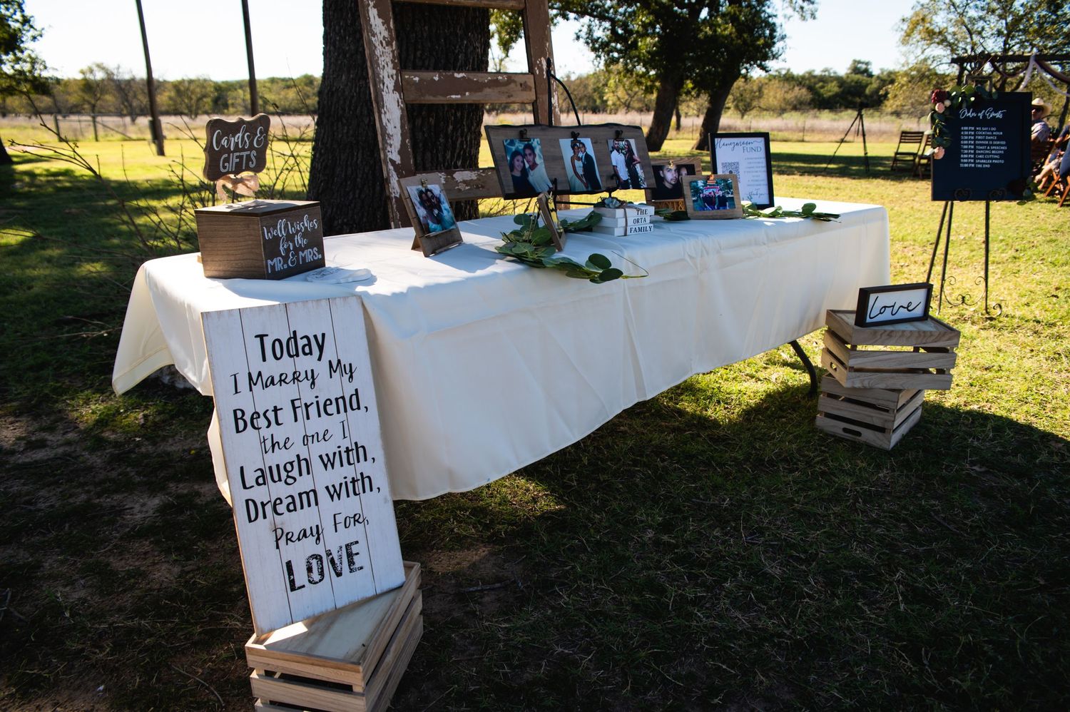 Rustic outdoor wedding welcome table with signs and decor against pastoral background.
