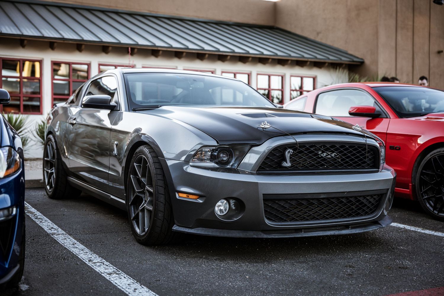 Silver Shelby GT500 Mustang with black racing stripes parked at a car show.