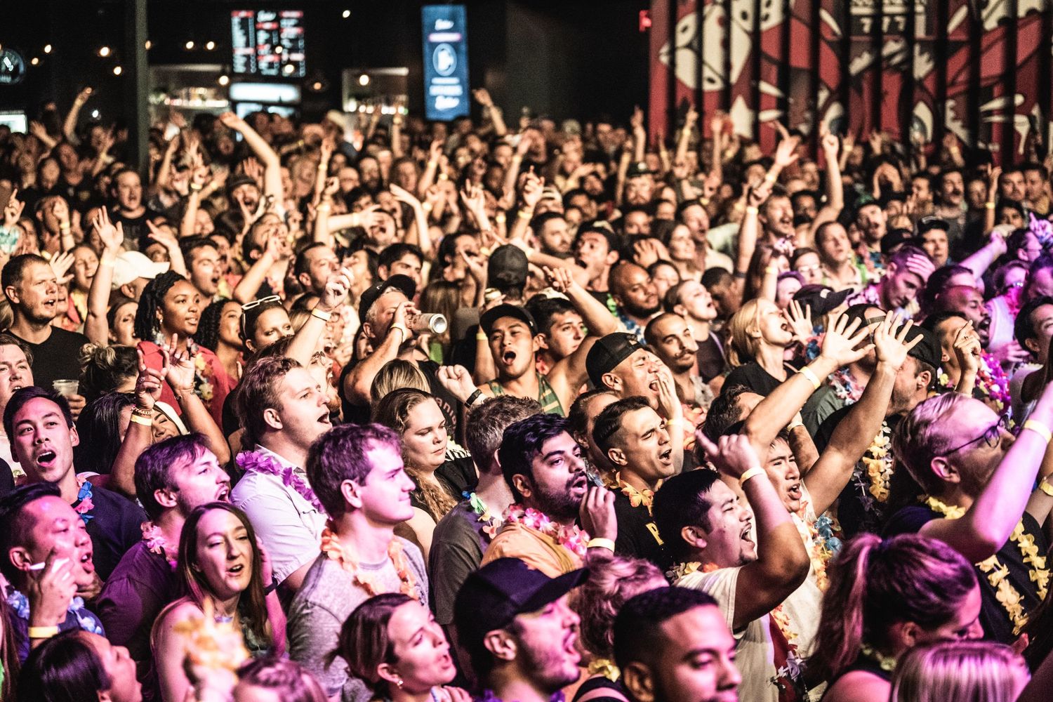 Large concert crowd with raised arms fills venue under colorful stage lighting.