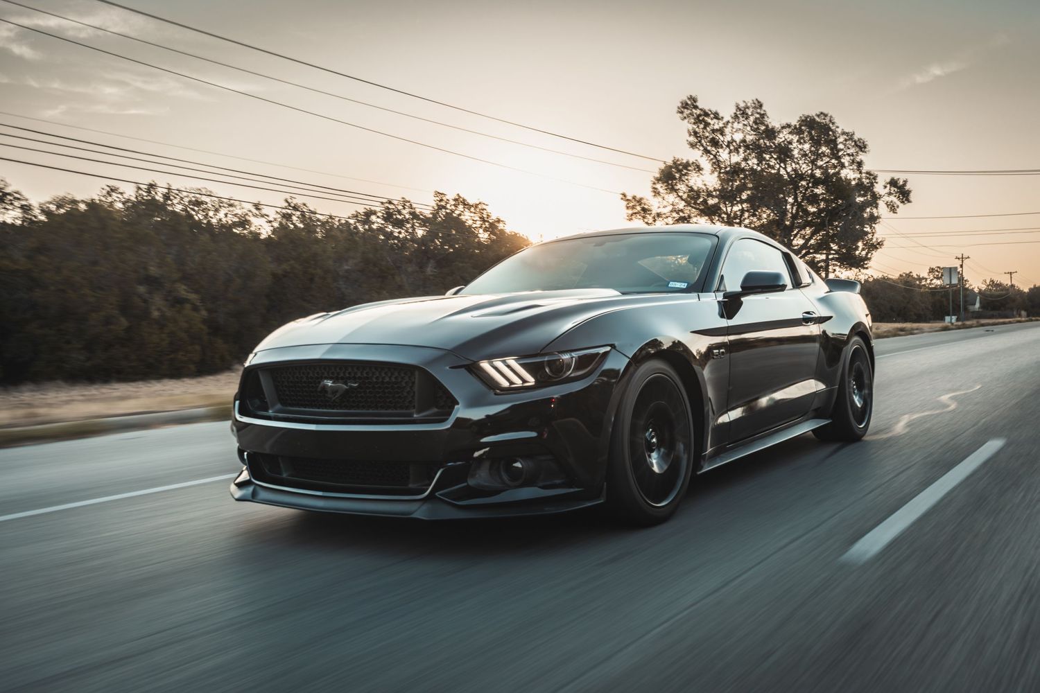 Modified black Ford Mustang driving on an open road during golden hour.