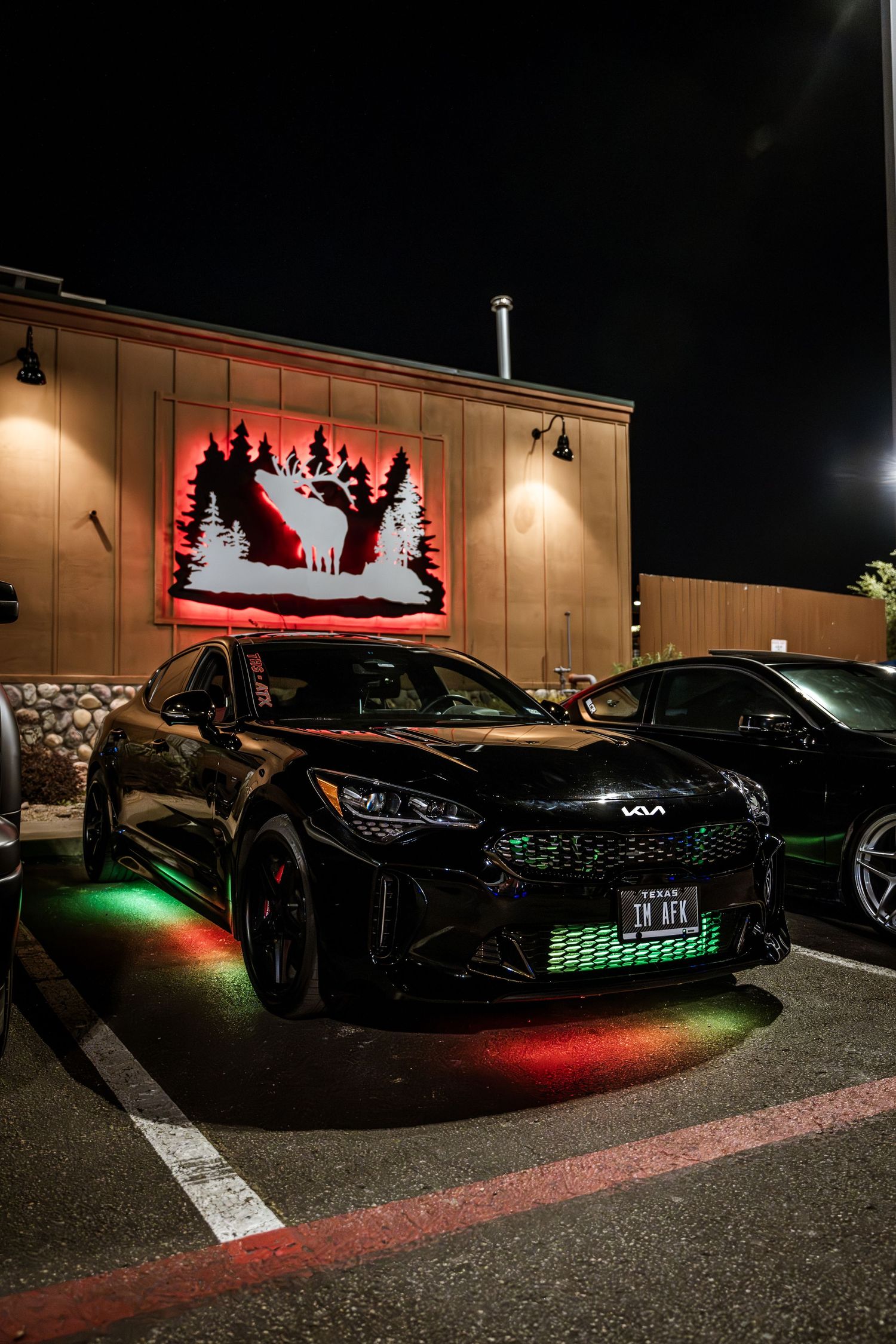 Black Kia Stinger with custom LED underglow parked at night against lit building wall.