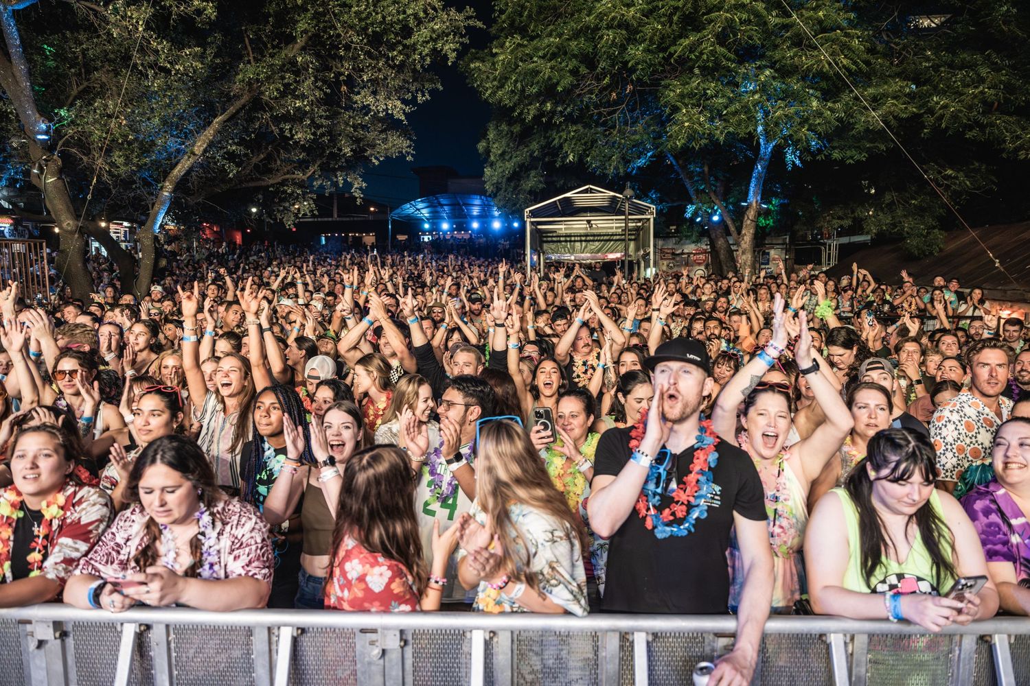 Large outdoor crowd with raised hands at a summer music festival under blue evening sky.