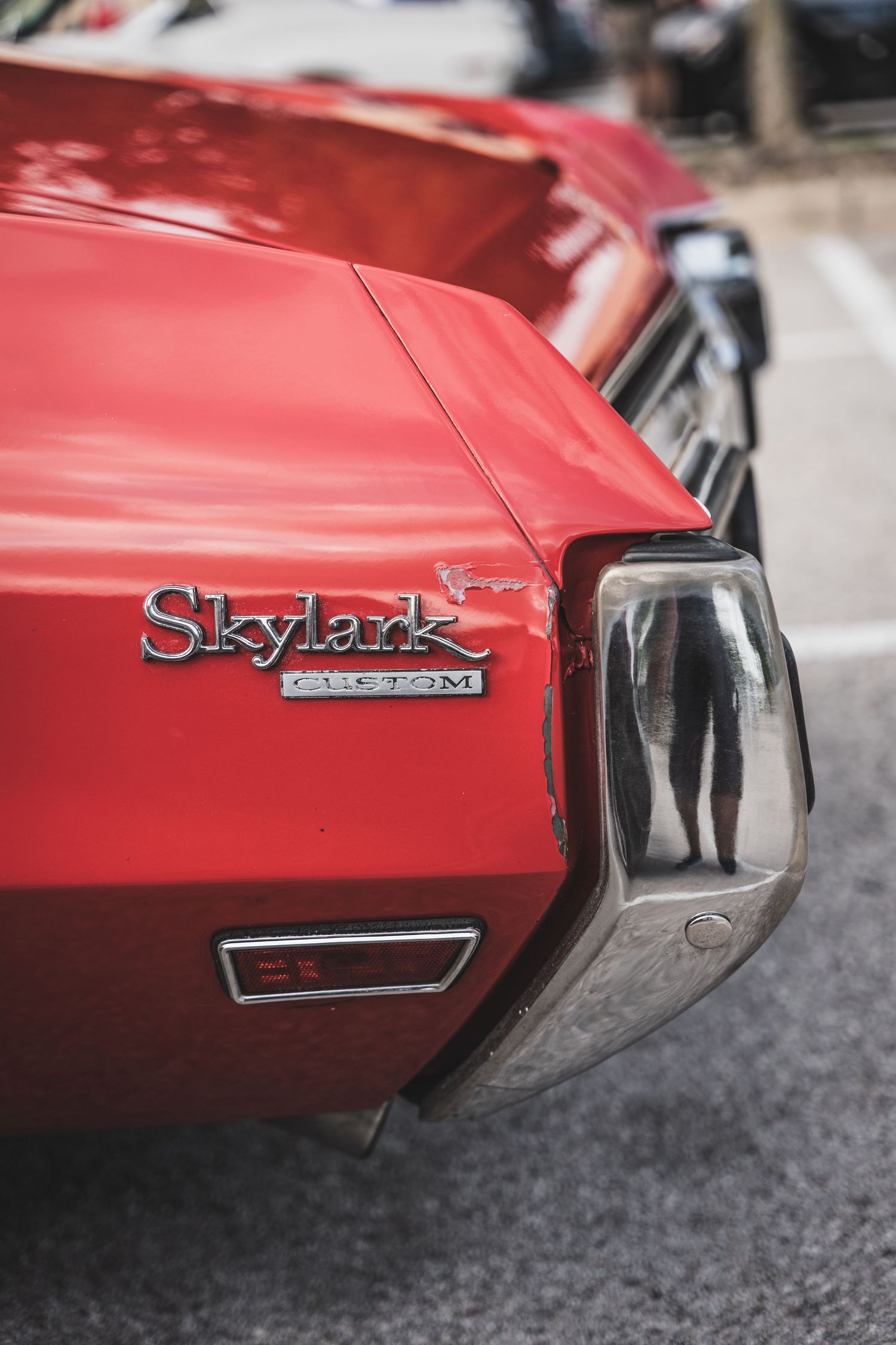 Close-up detail shot of a vintage red Buick Skylark badge and chrome trim on classic car.