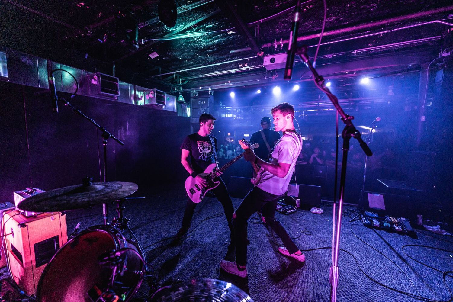 Band members play guitars during energetic performance under purple stage lighting.