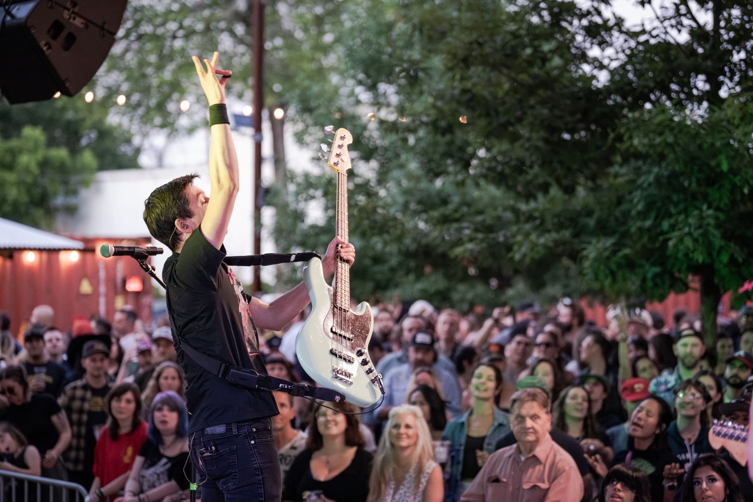Musician raises guitar above crowd at outdoor concert with trees and string lights in background at dusk.