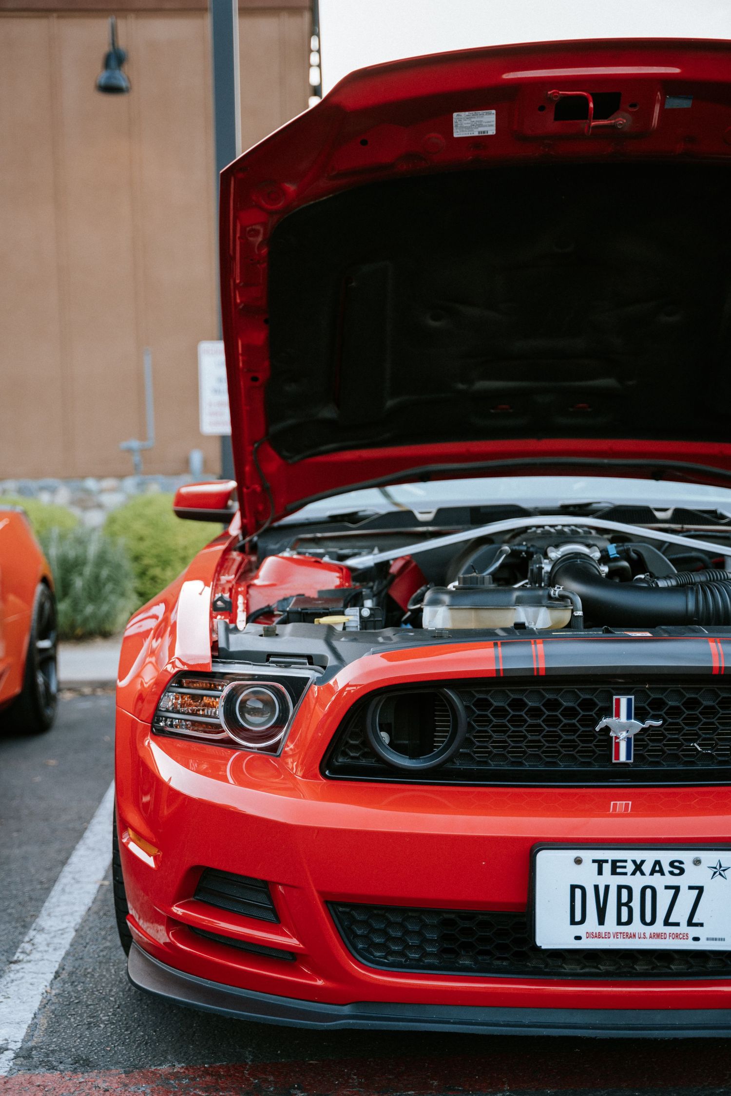 Close-up of red Mustang engine bay with Texas license plate reading 'DVBOZZ'.