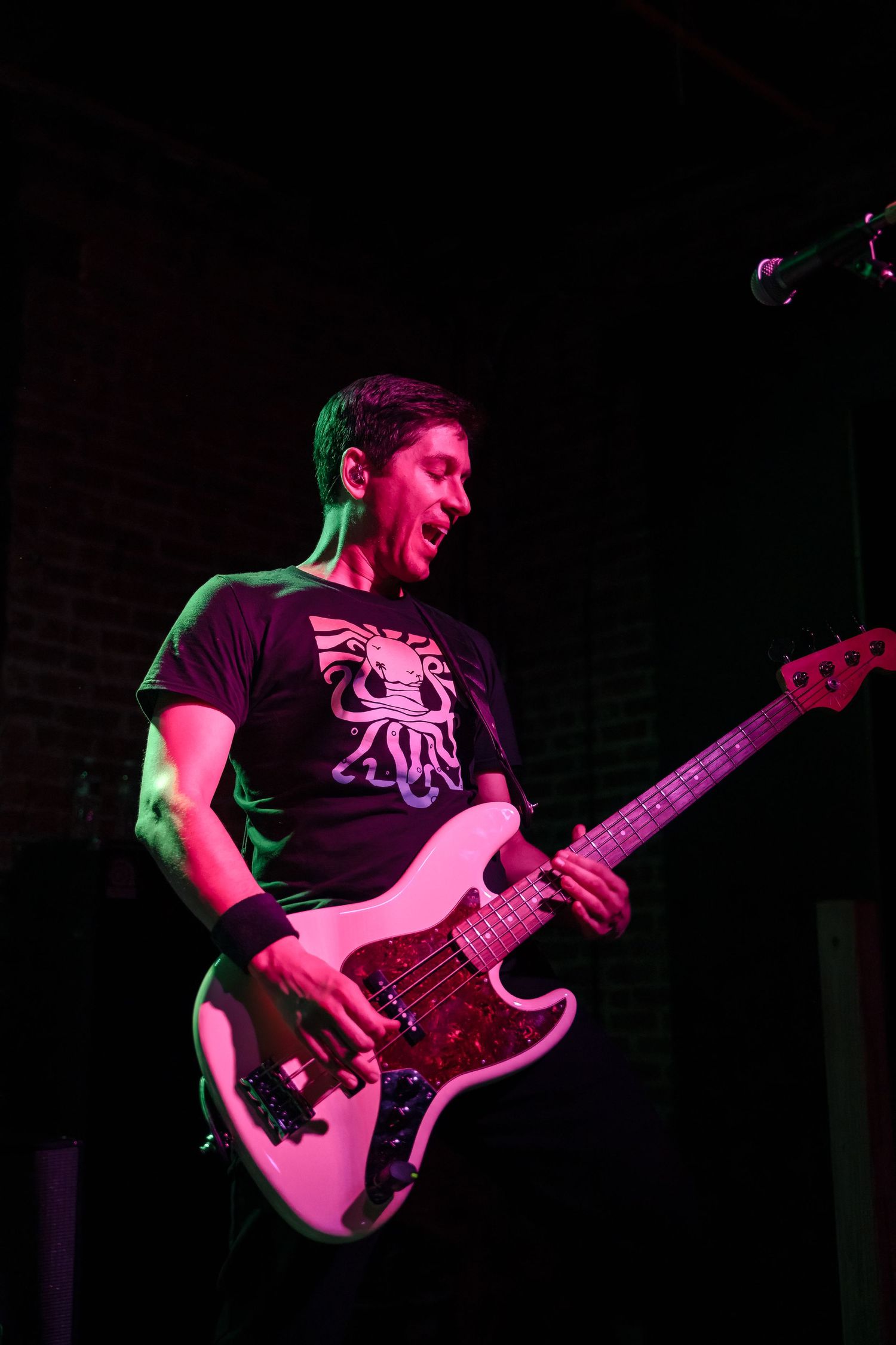 Bass guitarist performs energetically in dark t-shirt under colored stage lighting.